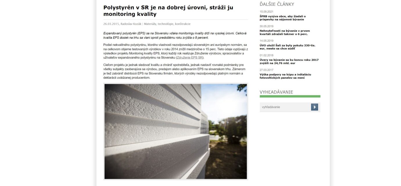 Polystyrén v SR je na dobrej úrovni, stráži ju monitoring kvality