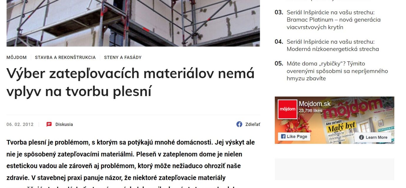 Výber zatepľovacích materiálov nemá vplyv na tvorbu plesní
