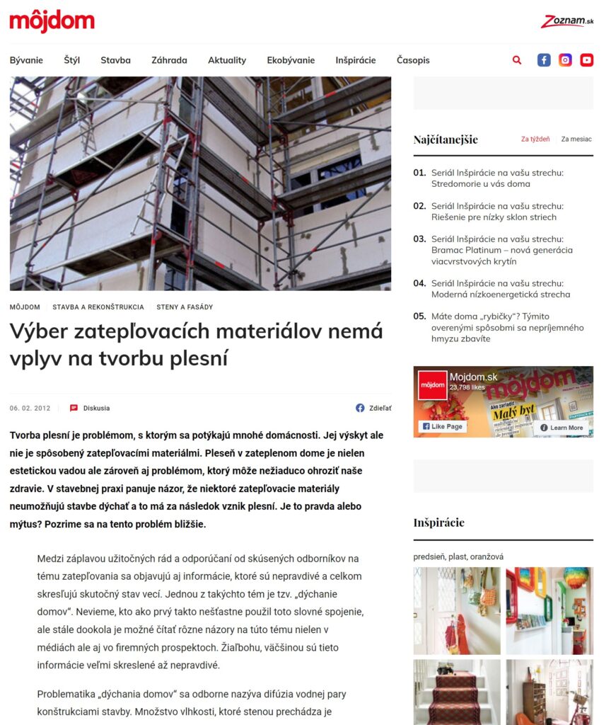 Výber zatepľovacích materiálov nemá vplyv na tvorbu plesní