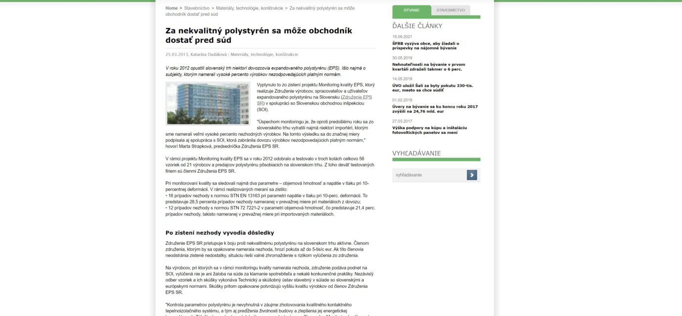 www.abc-byvanie.sk 03/2013: Za nekvalitný polystyrén sa môže obchodník dostať pred súd